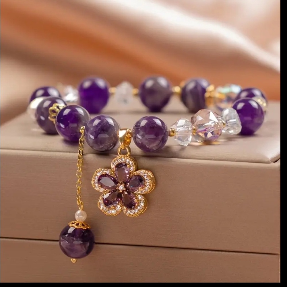 Handmade Bohemian Purple Crystal Bracelet with Golden-Tone Flower Charm
